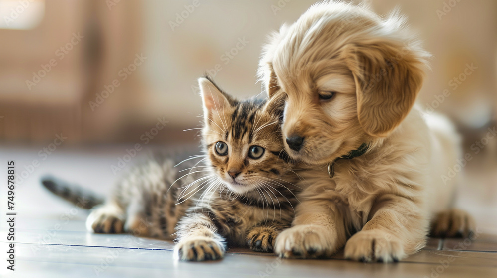 A heartfelt moment between a puppy and a kitten enveloped in a soft beige blanket. - obrazy, fototapety, plakaty 