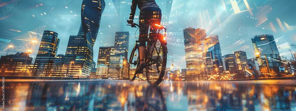 Double exposure of city skyline and cyclist, blending the freedom of movement and sustainability within the urban landscape. - obrazy, fototapety, plakaty 