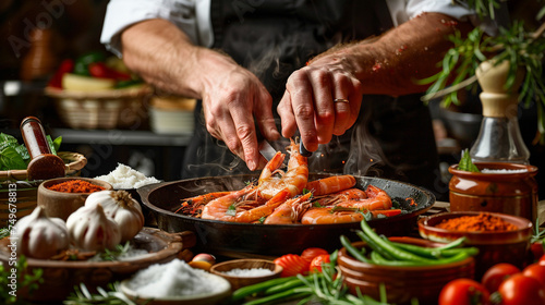 Vibrant seafood cooking scene with a professional chef preparing shrimps and green beans on a wooden table,