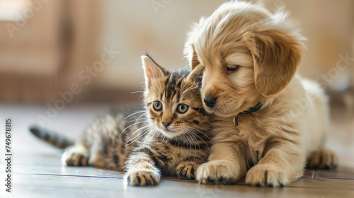 A heartfelt moment between a puppy and a kitten enveloped in a soft beige blanket.