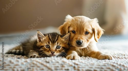A heartfelt moment between a puppy and a kitten enveloped in a soft beige blanket. © Imaging L