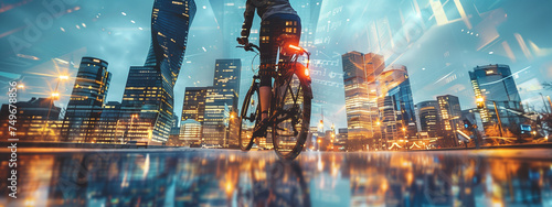Double exposure of city skyline and cyclist, blending the freedom of movement and sustainability within the urban landscape.
