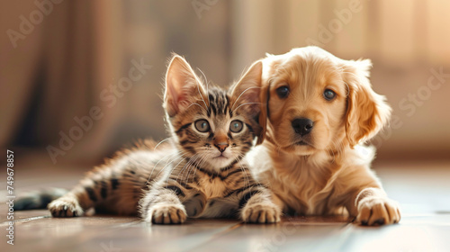 A heartfelt moment between a puppy and a kitten enveloped in a soft beige blanket. © Imaging L