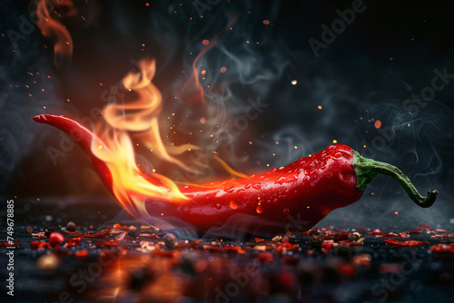 closeup of a vibrant red chili pepper with flames licking around its edges capturing the intense heat and spicy sensation it embodies set against a dark smoky background