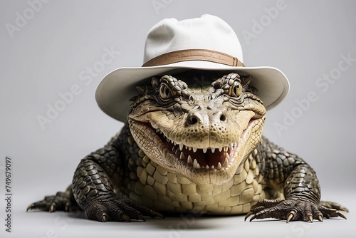 crocodile wearing a hat on a white background photo