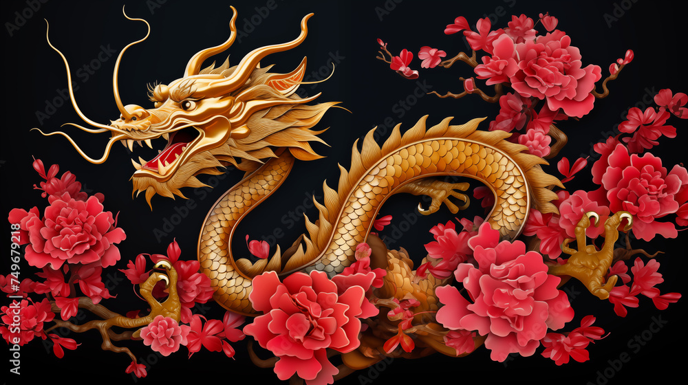 Golden dragon with sakura flower over black background, Illustration. Golden dragon with sakura flower over black background, Illustration.