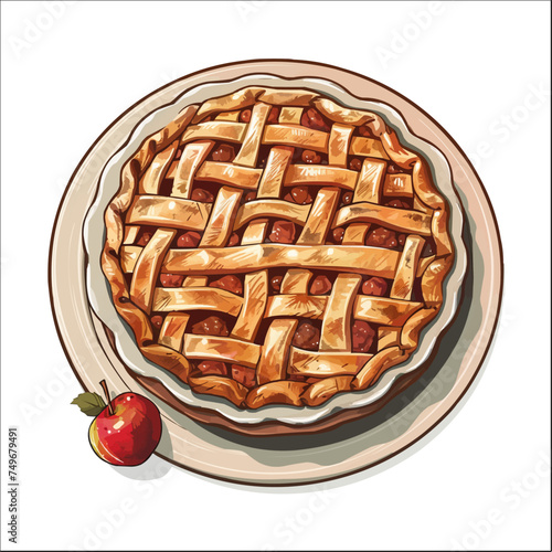Clipart Illustration of an Apple Pie on a Pie Plate isolated on white, Perfect for Food Designs and Promotions