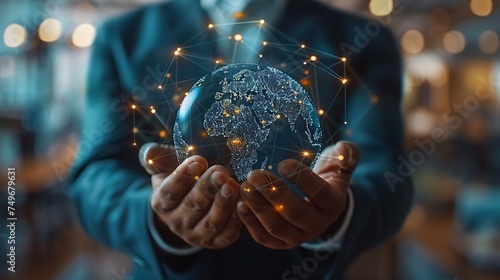 close-up of businessman holding and touching globe with connections, business blurred background photo
