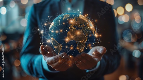 close-up of businessman holding and touching globe with connections, business blurred background