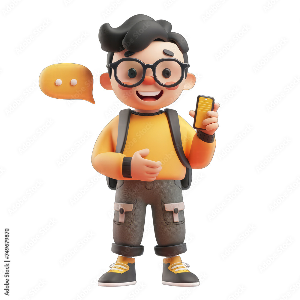 3D character a man chatting on the smartphone and speech bubble on Transparent Background