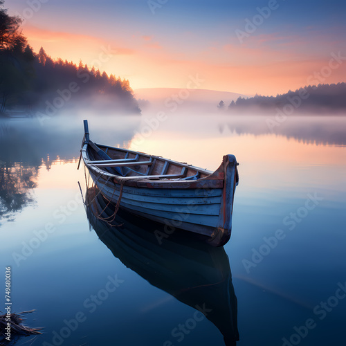 A tranquil scene of a boat on a calm lake at dawn.