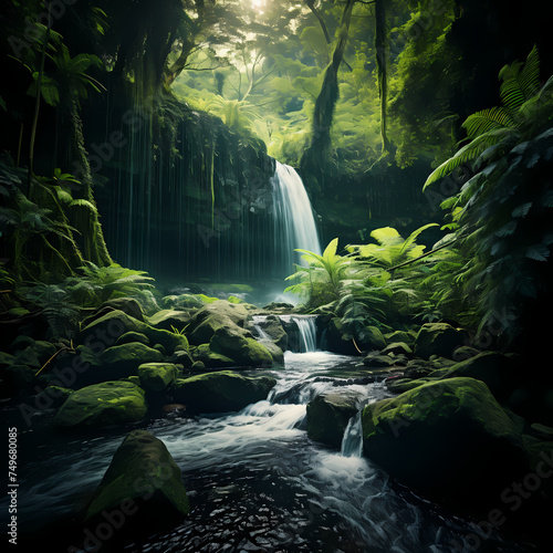 A tranquil scene of a waterfall in a lush forest.