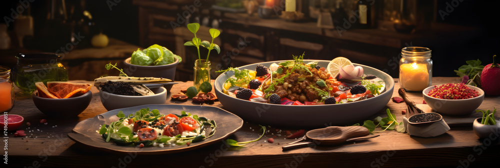 Artistic Food Photography: Vibrant Gourmet Dish with Natural Lighting and Rustic Backdrop