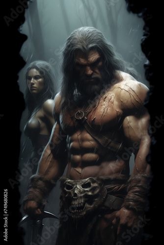 Athletic brutal male barbarian in dark fantasy atmosphere. Mystical cover concept