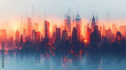 Double exposure of business graph and cityscape background. Financial growth concept