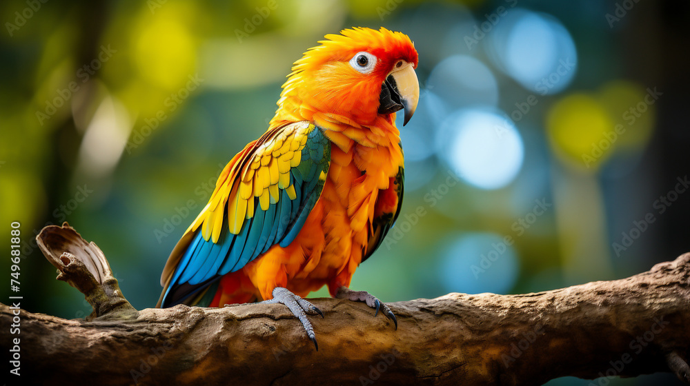 Obraz premium A dynamic shot of a parrot showing off its vibrant plumage while perched on a branch