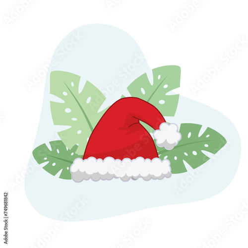Santa's Hat flat vector Illustration icon decorated with leaves for web use for Christmas, holiday, Santa, Claus, costume, December