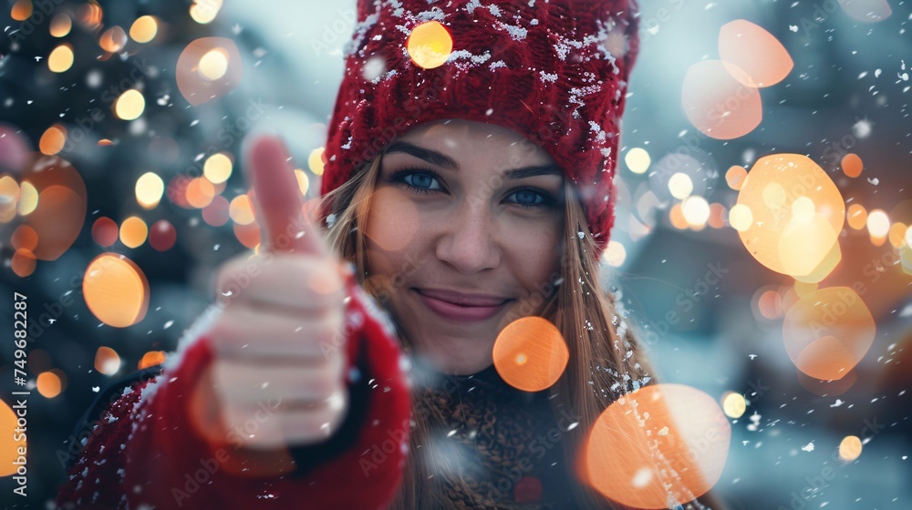 A festive close up of a young woman giving a thumbs up surrounded by twinkling fairy lights capturing the magic of celebration and joy A festive close up of a young woman giving a thumbs up surrounded by twinkling fairy lights capturing the magic of celebration and joy