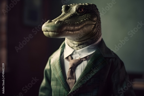 Anthropomorphic Alligator dressed in a suit like a businessman. Business Concept