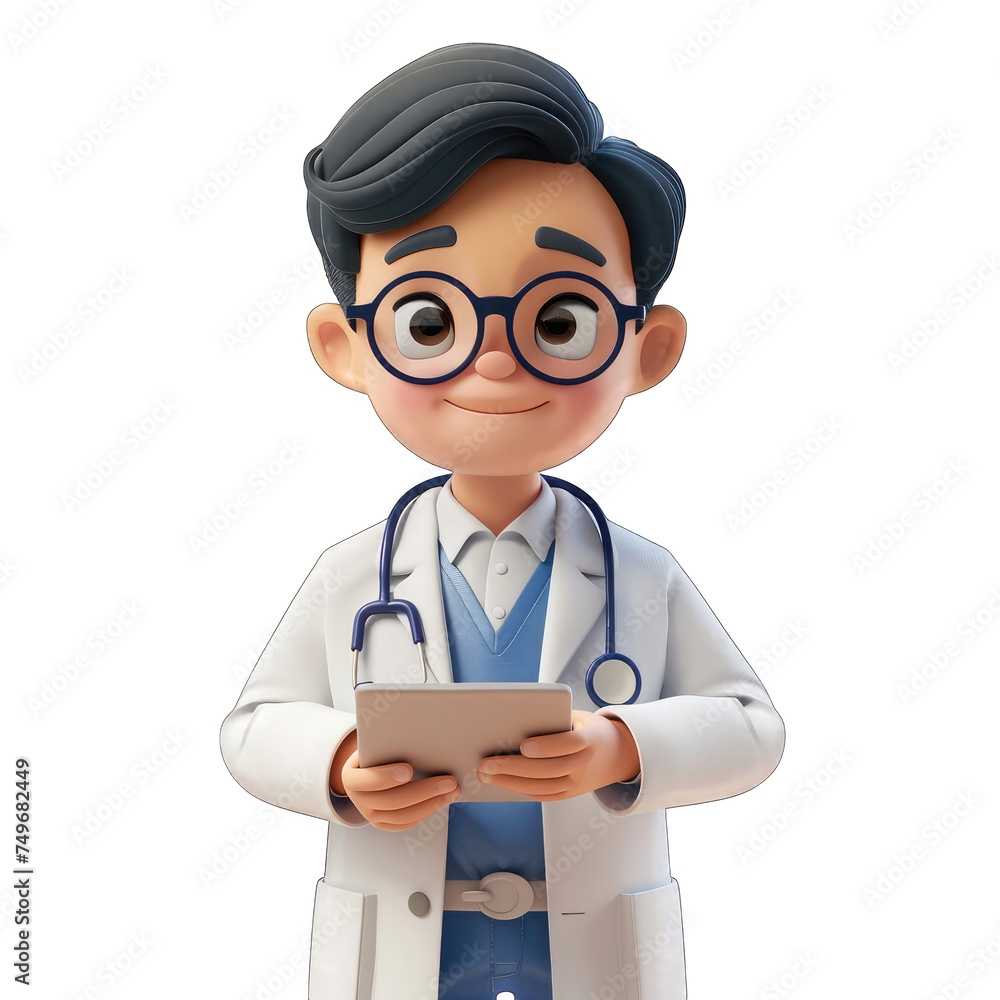 3D character a man doctor holding tablet on Transparent Background