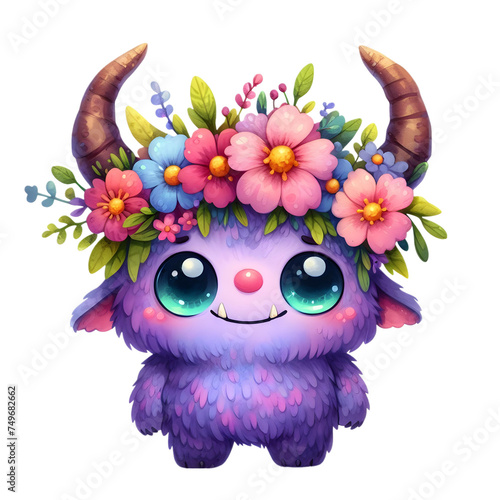 watercolor cute monster character design with flowers on its head