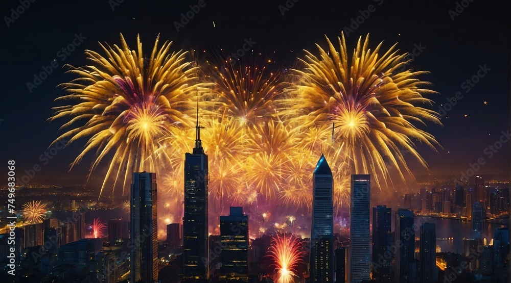 Fototapeta premium Beautiful yellow fireworks display on bright busy city skyline background at night background from Generative AI