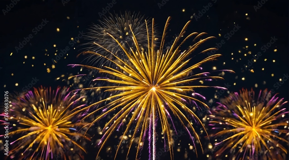 Beautiful yellow fireworks display with bokeh abstract holiday celebration background from Generative AI