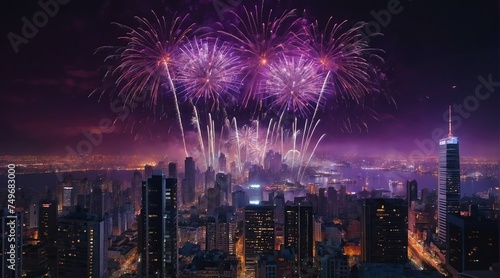 Beautiful purple fireworks display on bright busy city skyline background at night background from Generative AI © Arceli