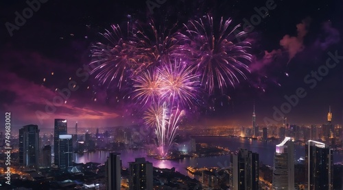 Beautiful purple fireworks display on bright busy city skyline background at night background from Generative AI