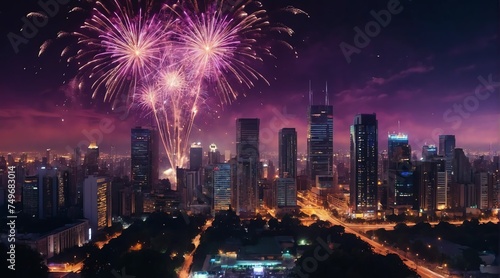 Beautiful purple fireworks display on bright busy city skyline background at night background from Generative AI © Arceli