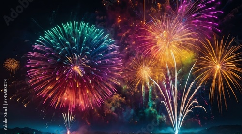 Beautiful rainbow colorful fireworks display on bright busy city skyline background at night background from Generative AI