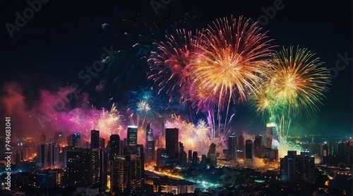 Beautiful rainbow fireworks display on bright busy city skyline background at night background from Generative AI