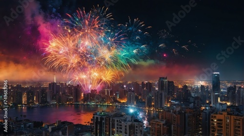 Beautiful rainbow fireworks display on bright busy city skyline background at night background from Generative AI
