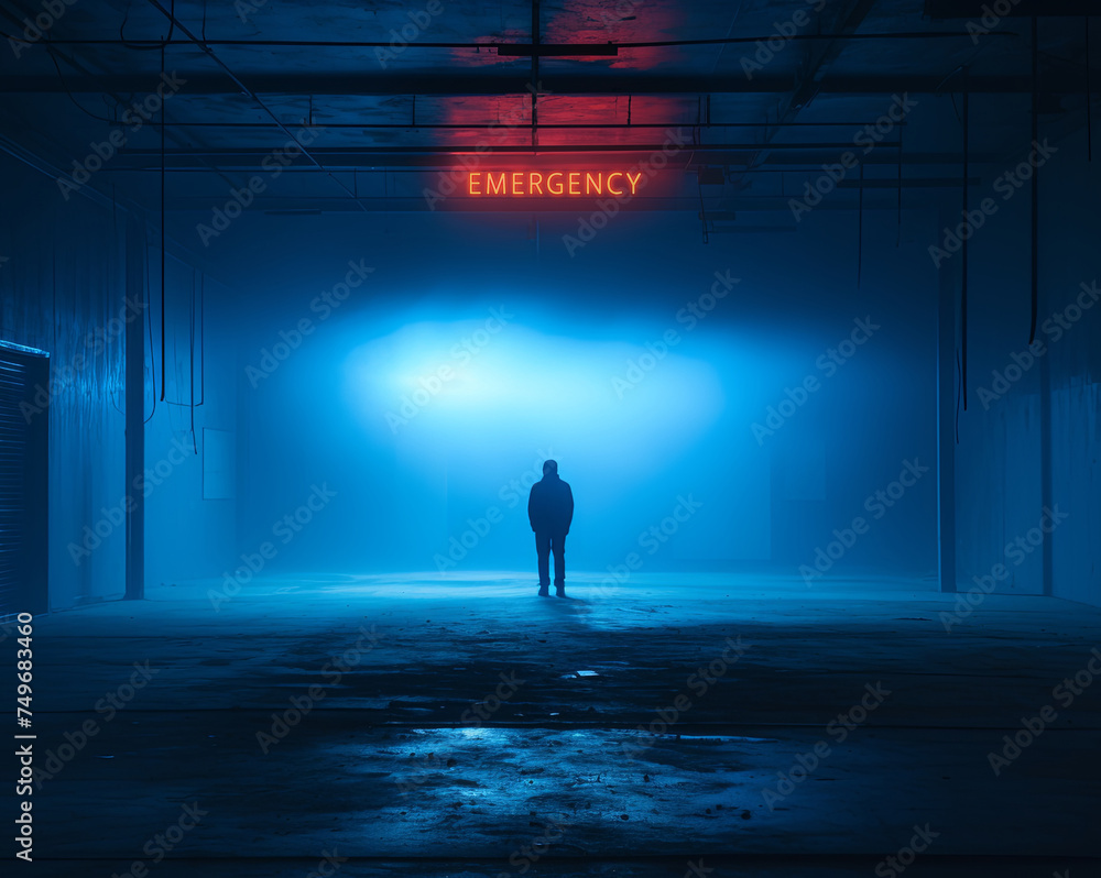 A man stands in a large, empty room with a neon sign that says A man stands in a large, empty room with a neon sign that says