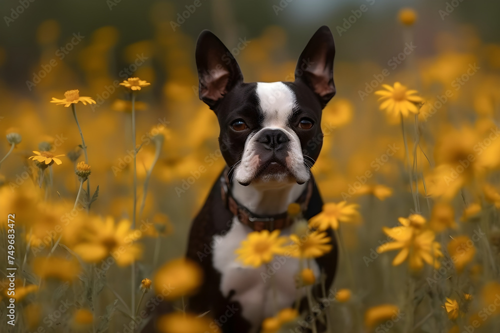 cute boston terrier surrounded by a field of flowers