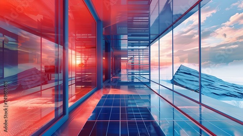 Futuristic office space with glass walls  vibrant red tones. ideal for modern business concepts and design projects. AI