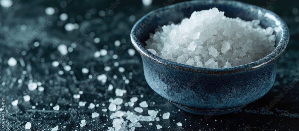 A blue bowl filled with sugar sits on a wooden table. The sugar contrasts with the blue hue of the bowl, both set against a dark background. A blue bowl filled with sugar sits on a wooden table. The sugar contrasts with the blue hue of the bowl, both set against a dark background.
