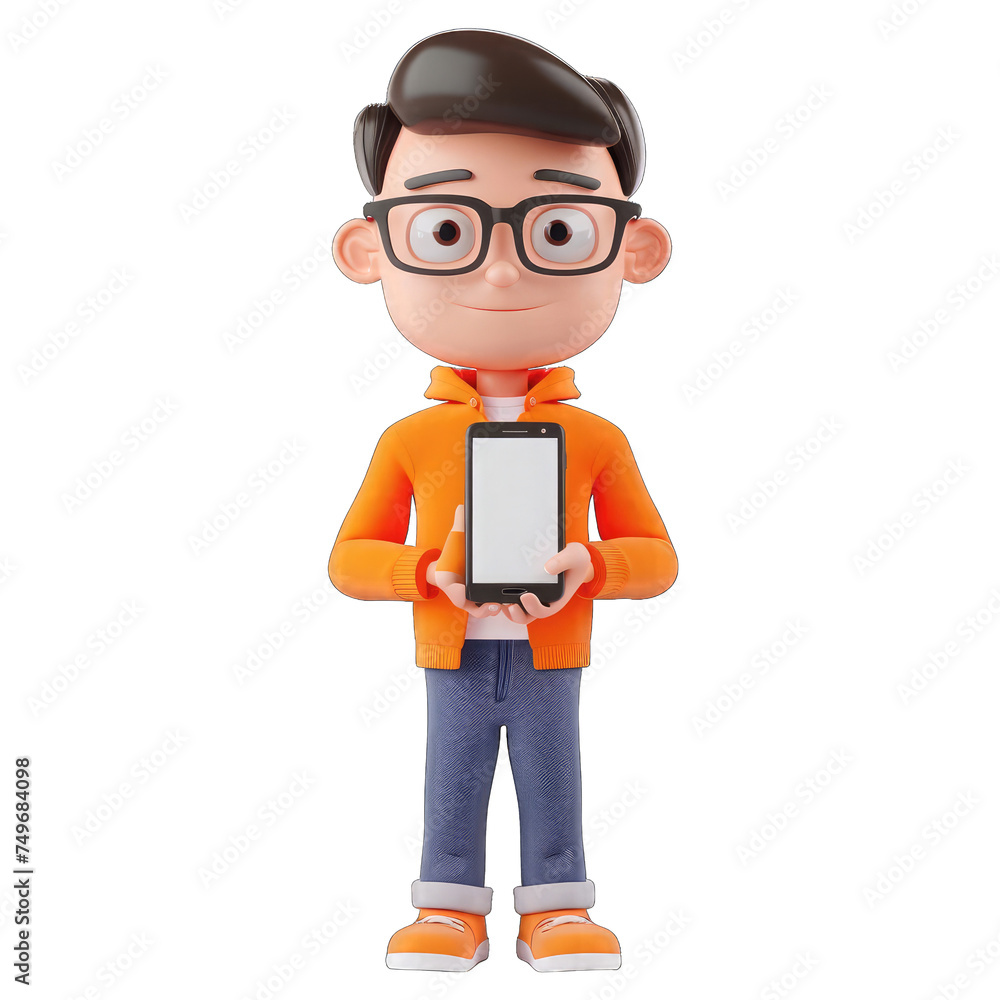 3D character a man holding smartphone with blank screen on Transparent Background