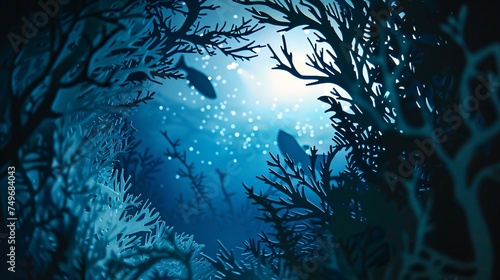A papercut art journey through the seas depths exploring the mysterious Mariana Trench with unique creatures and bioluminescent life