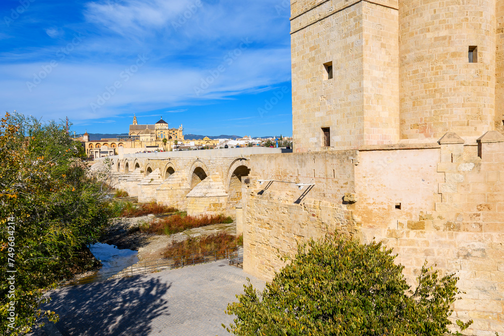 Fototapeta premium The Roman bridge of Córdoba crossing the Guadalquivir River, with the Calahorra Tower on one side leading to the Mosque-Cathedral, in Cordoba Spain.