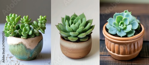 Three small succulent plants of different varieties are placed in individual clay pots. The pots are decorative and complement the interior of a home.