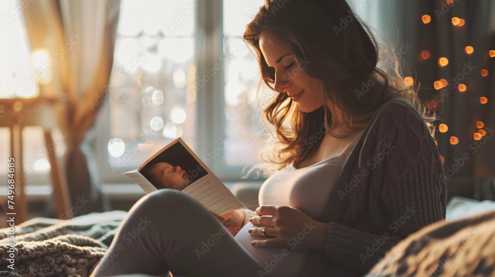 A reflective pregnant woman writing in a journal with her ultrasound scan beside her documenting her thoughts and feelings for her future child - obrazy, fototapety, plakaty 