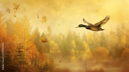 A nostalgic image of a solitary duck flying over an autumn landscape its flight path leading it over forests ablaze with fall colors © Sara_P