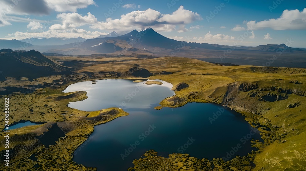 Breathtaking aerial view of tranquil lakes and majestic mountains. ideal for nature themes and travel inspiration. pristine landscape captured by drone photography. AI