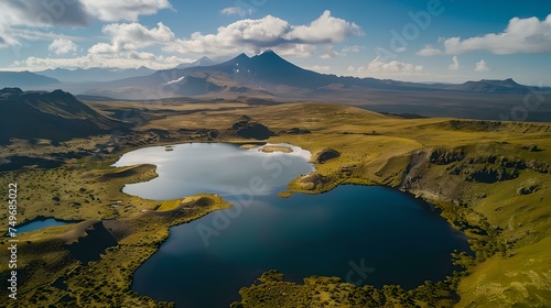Breathtaking aerial view of tranquil lakes and majestic mountains. ideal for nature themes and travel inspiration. pristine landscape captured by drone photography. AI