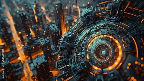 Futuristic cityscape with glowing circular hub. conceptual sci-fi urban scene. digital artwork illustration. AI