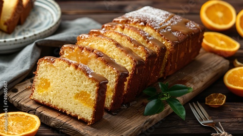 A toffee pound cake with a dense and buttery texture glazed with a toffee topping and slices of candied oranges on a country style wooden board photo