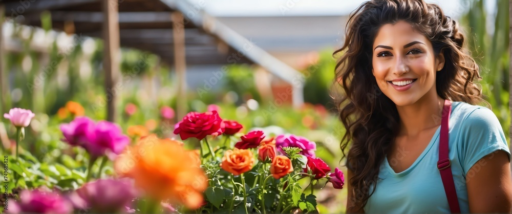 Small business owner immigrant woman on farm gardening flowers plants background and smiling looking at camera from Generative AI Small business owner immigrant woman on farm gardening flowers plants background and smiling looking at camera from Generative AI