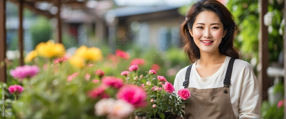 Small business owner korean woman on farm gardening flowers plants background and smiling looking at camera from Generative AI