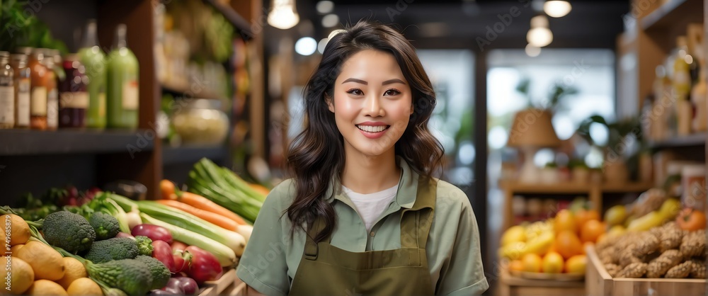 Small business owner young asian woman at whole bulk food store smiling looking at camera from Generative AI